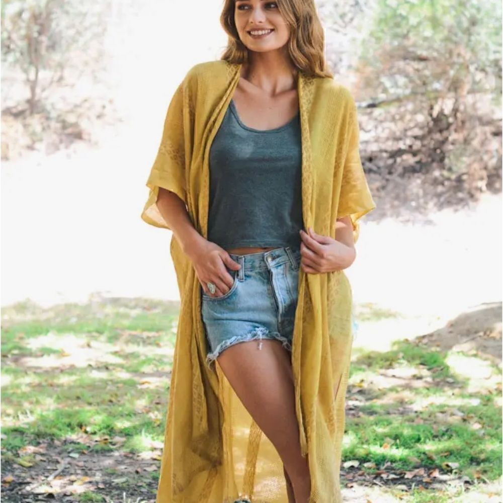 Boho Tribal Pattern Sheer Long Line Dusty Gold Kimono Duster Kaftan